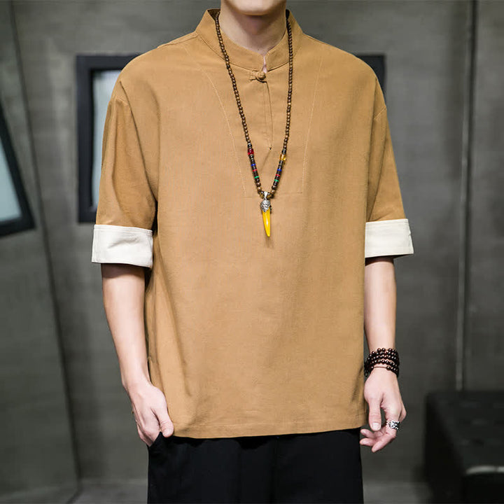 Buddha Stones Summer Tang Style Mandarin Collar Solid Men's Short Sleeve Shirts - image 11