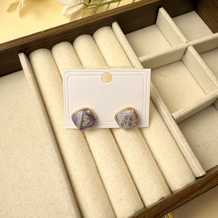 Buddha Stones Handmade Song Brocade Protection Geometric Square Stud Earrings - Light Purple(Same Color Tone – Pattern Varies) - image 2