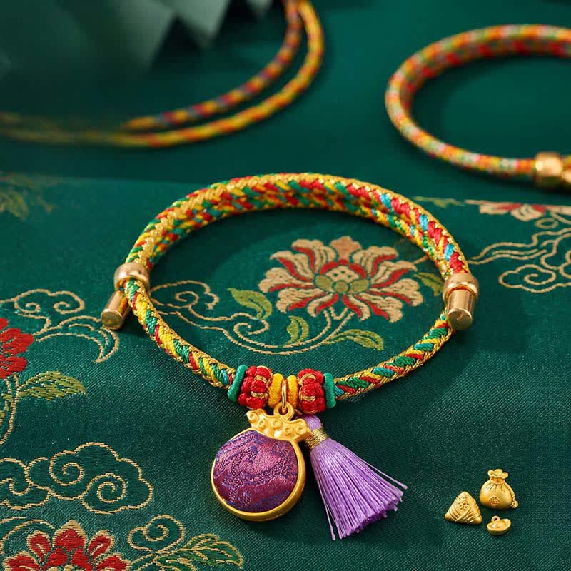 Buddha Stones Handwoven Five Color Cord Luck Purple Song Brocade Chinese Lock Charm Apple Money Bag Gourd Zongzi Adjustable Bracelet - Money Bag(Same Color Tone – Pattern Varies) - image 15