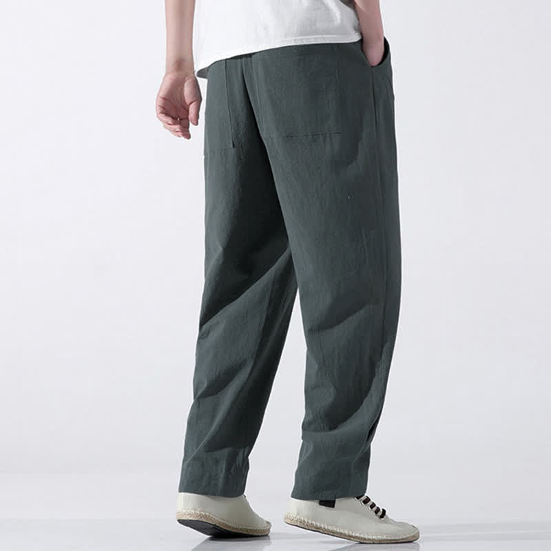 Buddha Stones Summer Casual Minimalist Drawstring Solid Cotton Cropped Pants Men's Harem Pants With Pocket - image 4