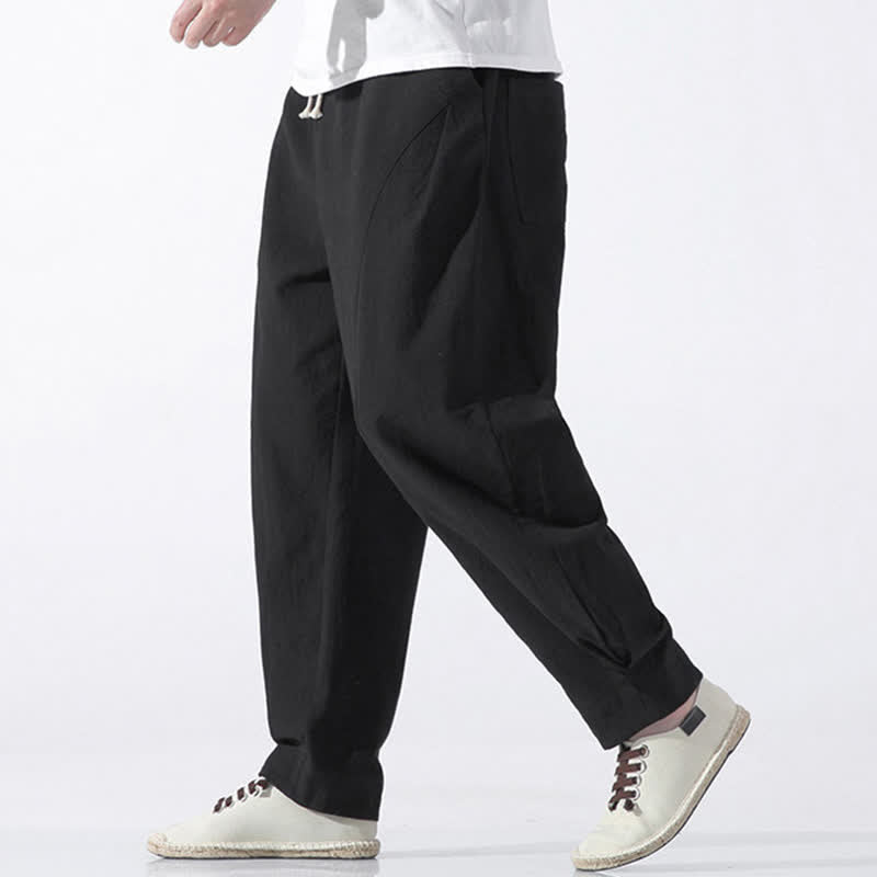 Buddha Stones Summer Casual Minimalist Drawstring Solid Cotton Cropped Pants Men's Harem Pants With Pocket - image 8