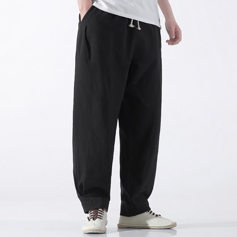 Buddha Stones Summer Casual Minimalist Drawstring Solid Cotton Cropped Pants Men's Harem Pants With Pocket - image 10
