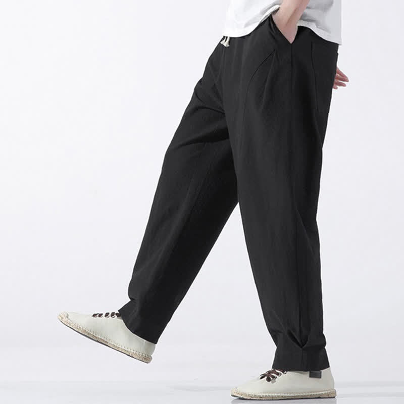 Buddha Stones Summer Casual Minimalist Drawstring Solid Cotton Cropped Pants Men's Harem Pants With Pocket - image 14