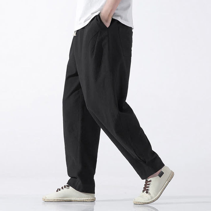 Buddha Stones Summer Casual Minimalist Drawstring Solid Cotton Cropped Pants Men's Harem Pants With Pocket - image 13