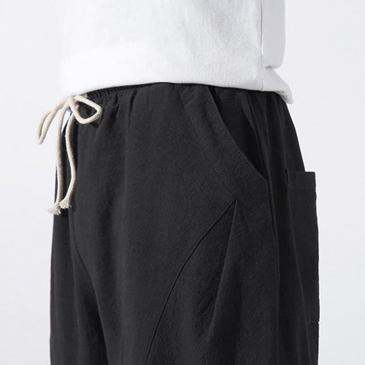 Buddha Stones Summer Casual Minimalist Drawstring Solid Cotton Cropped Pants Men's Harem Pants With Pocket - image 16