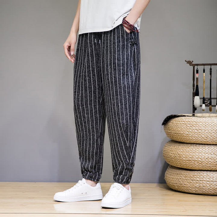 Buddha Stones Summer Casual Drawstring Striped Cropped Pants Men's Harem Pants With Pockets - Black - US/UK/AU46, EU56 (5XL) - image 0