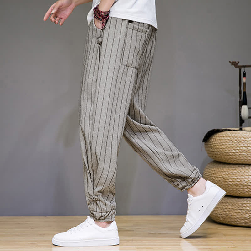 Buddha Stones Summer Casual Drawstring Striped Cropped Pants Men's Harem Pants With Pockets - image 25