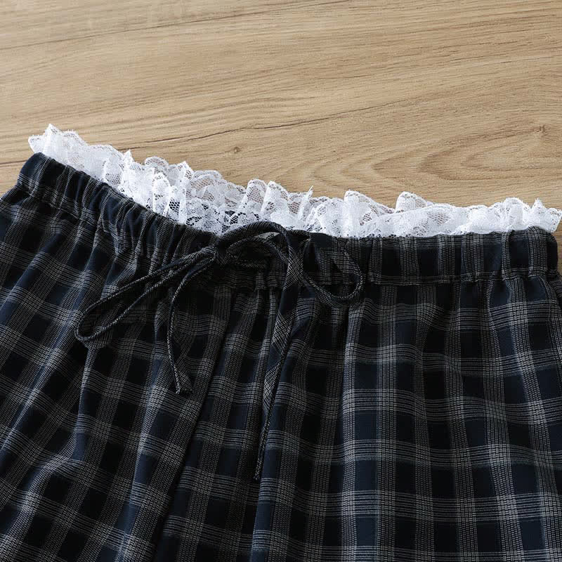Buddha Stones Summer Casual Vintage Drawstring Plaid Lace Trim Cotton Long Pants Women's Wide Leg Pants With Pockets - image 2