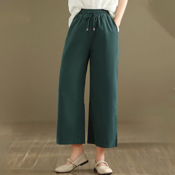 Buddha Stones Summer Casual Minimalist Drawstring Solid Cotton Cropped Pants Women's Wide Leg Pants With Pocket - image 5