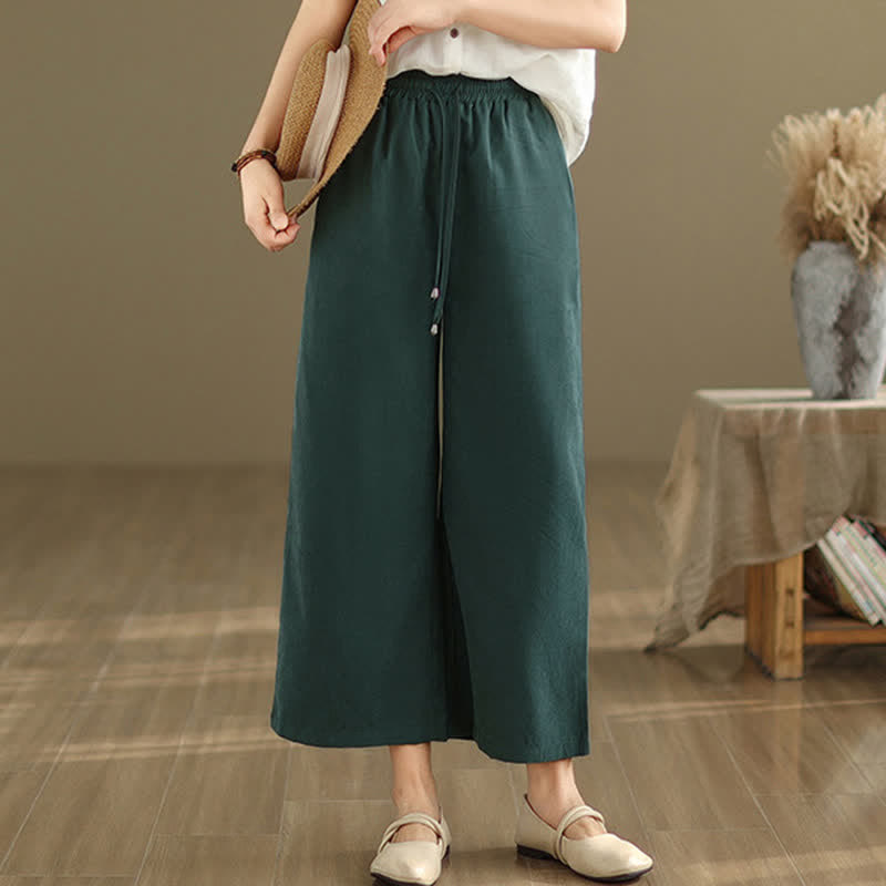 Buddha Stones Summer Casual Minimalist Drawstring Solid Cotton Cropped Pants Women's Wide Leg Pants With Pocket - image 3