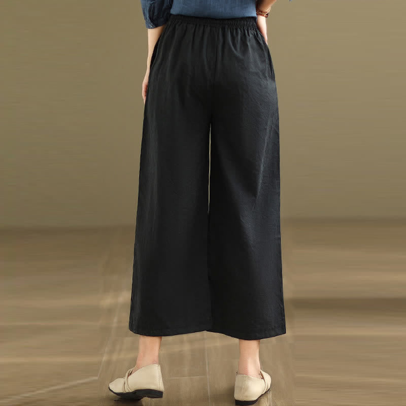 Buddha Stones Summer Casual Minimalist Drawstring Solid Cotton Cropped Pants Women's Wide Leg Pants With Pocket - image 10