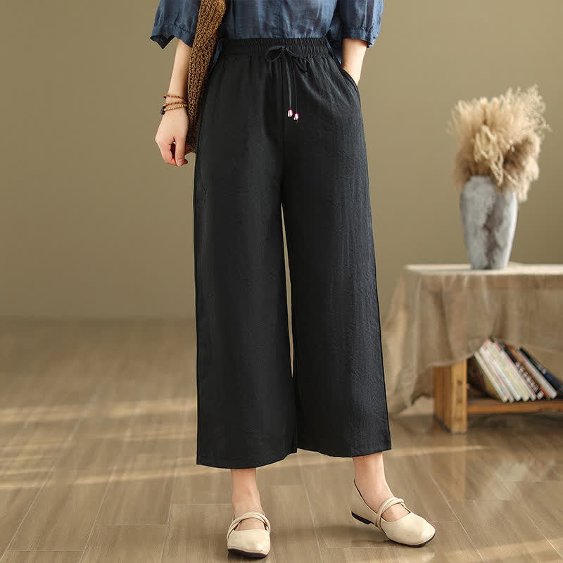 Buddha Stones Summer Casual Minimalist Drawstring Solid Cotton Cropped Pants Women's Wide Leg Pants With Pocket - image 8