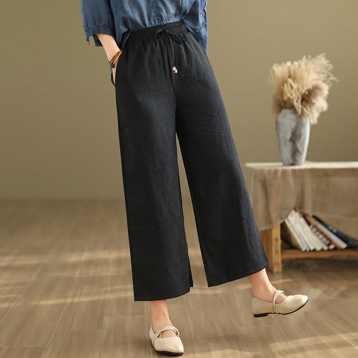 Buddha Stones Summer Casual Minimalist Drawstring Solid Cotton Cropped Pants Women's Wide Leg Pants With Pocket - image 11