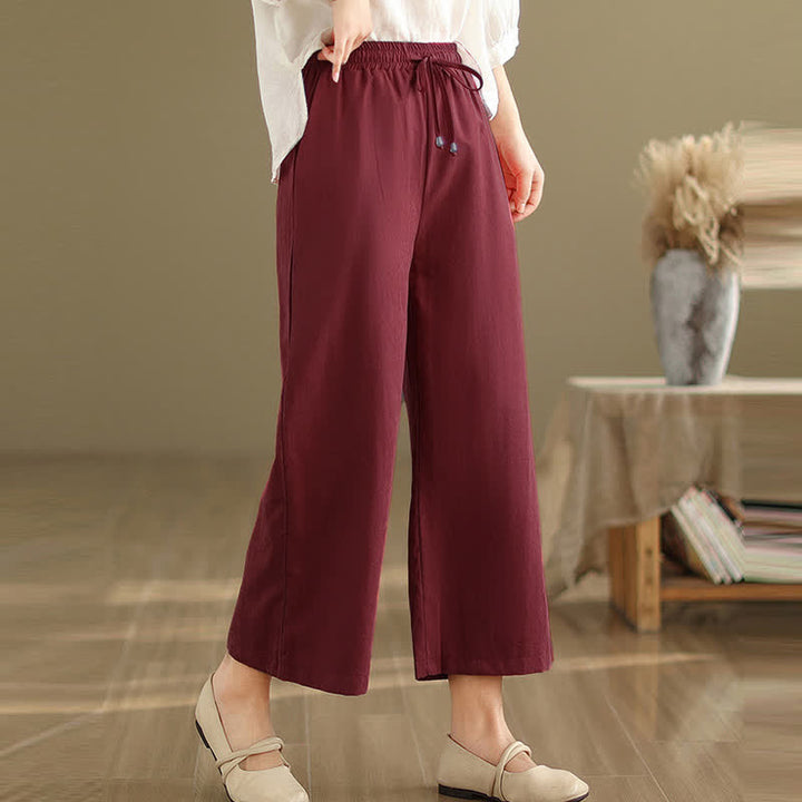 Buddha Stones Summer Casual Minimalist Drawstring Solid Cotton Cropped Pants Women's Wide Leg Pants With Pocket - image 15