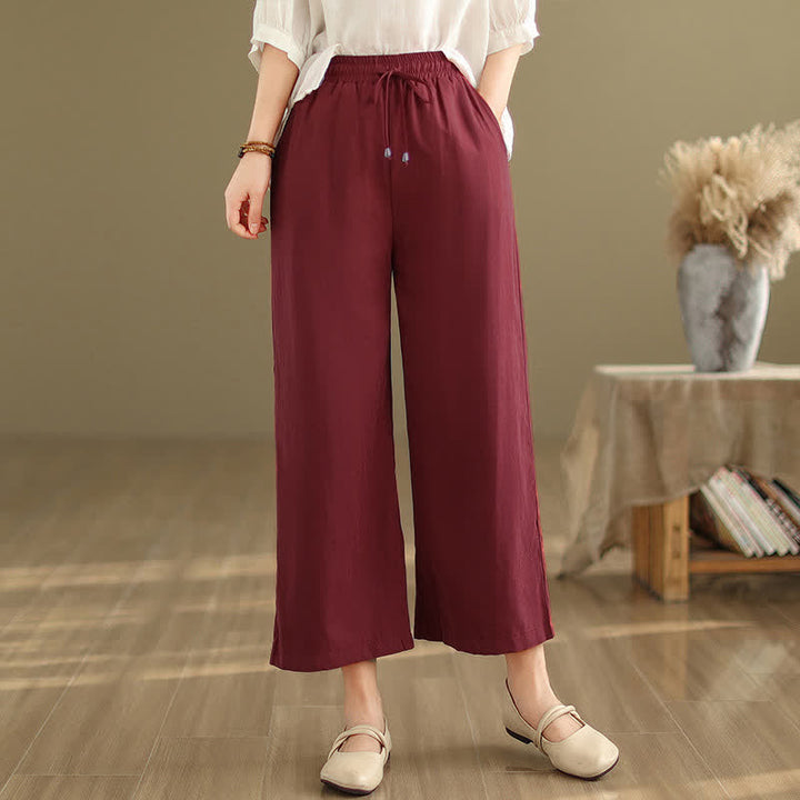 Buddha Stones Summer Casual Minimalist Drawstring Solid Cotton Cropped Pants Women's Wide Leg Pants With Pocket - Maroon - US8-10, UK/AU12-14, EU40-42 (2XL) - image 14