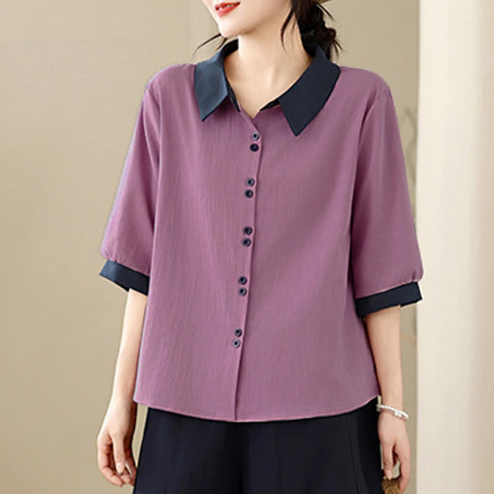 Buddha Stones Summer Elegant Button-Up contrast collar Solid Women's Short Sleeve Shirts - image 1