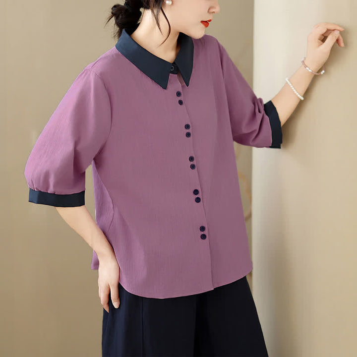 Buddha Stones Summer Elegant Button-Up contrast collar Solid Women's Short Sleeve Shirts - image 3