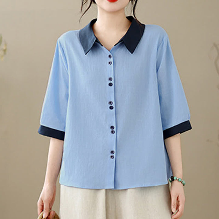Buddha Stones Summer Elegant Button-Up contrast collar Solid Women's Short Sleeve Shirts - image 16