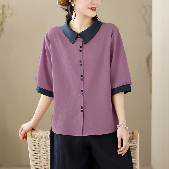 Buddha Stones Summer Elegant Button-Up contrast collar Solid Women's Short Sleeve Shirts - MediumPurple - US8-10, UK/AU12-14, EU40-42 (2XL) - image 0