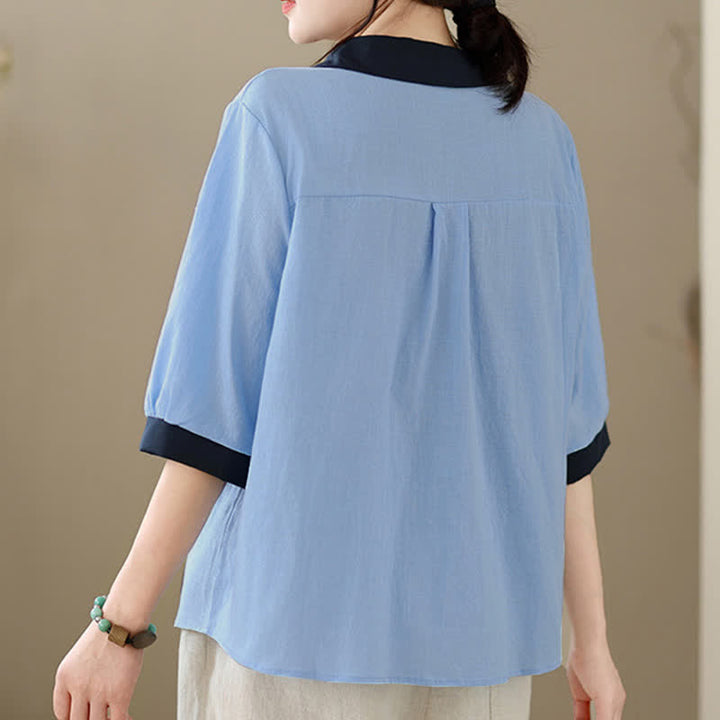 Buddha Stones Summer Elegant Button-Up contrast collar Solid Women's Short Sleeve Shirts - image 14