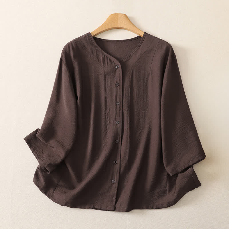 Buddha Stones Summer Casual Minimalist Button-Up Solid Women's Long Sleeve Shirts - SaddleBrown - US12, UK/AU16, EU44 (3XL) - image 17