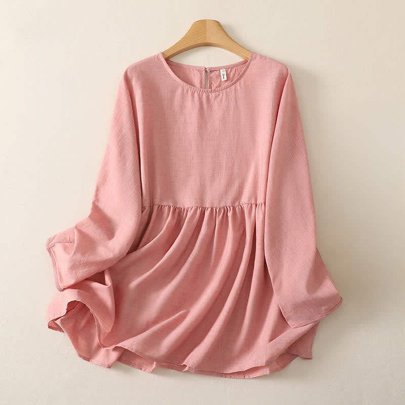 Buddha Stones Summer Casual Minimalist Solid Crew Neck Women's Long Sleeve Shirts - LightPink - US12, UK/AU16, EU44 (2XL) - image 0