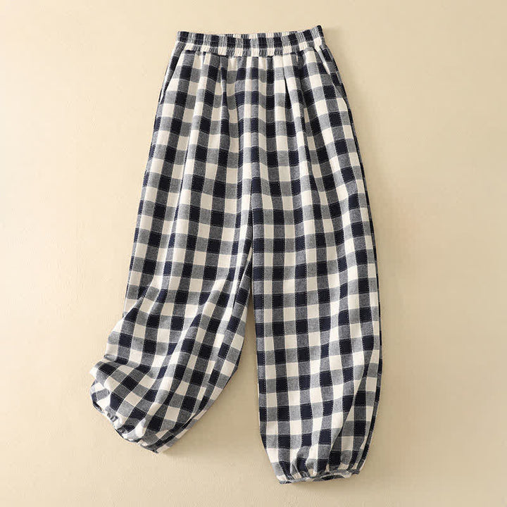 Buddha Stones Summer Casual Classic Plaid Cropped Pants Women's Harem Pants With Pocket - Navy - US8-10, UK/AU12-14, EU40-42 (2XL) - image 8