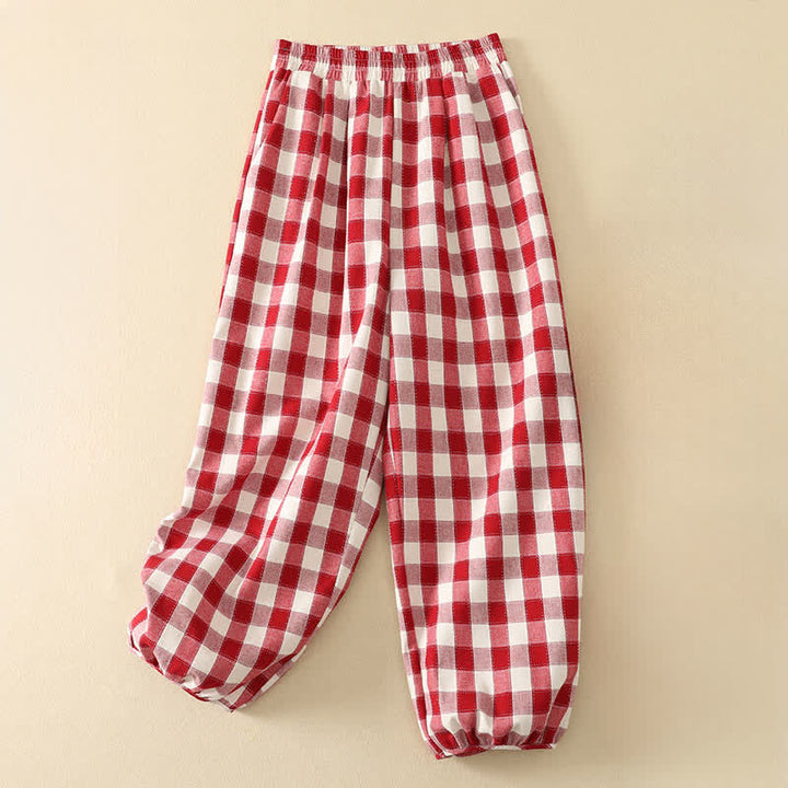 Buddha Stones Summer Casual Classic Plaid Cropped Pants Women's Harem Pants With Pocket - Crimson - US8-10, UK/AU12-14, EU40-42 (2XL) - image 0