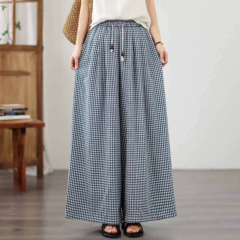Buddha Stones Summer Casual Drawstring Small Plaid Ankle Pants Women's Wide Leg Pants With Pocket - image 7