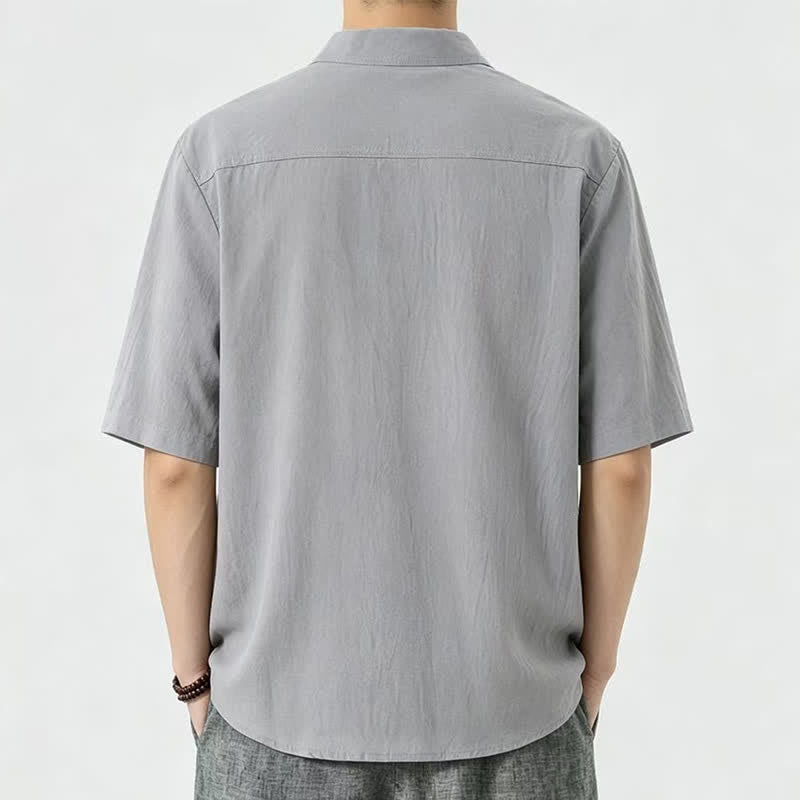Buddha Stones Summer Casual Mandarin Collar Solid Men's Short Sleeve Shirts - image 5