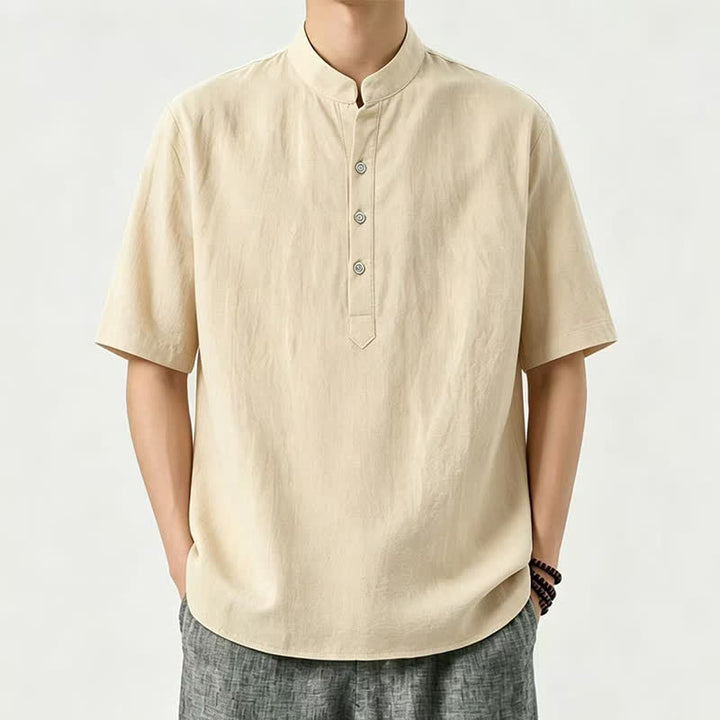 Buddha Stones Summer Casual Mandarin Collar Solid Men's Short Sleeve Shirts - Khaki - US/UK/AU46, EU56 (5XL) - image 0