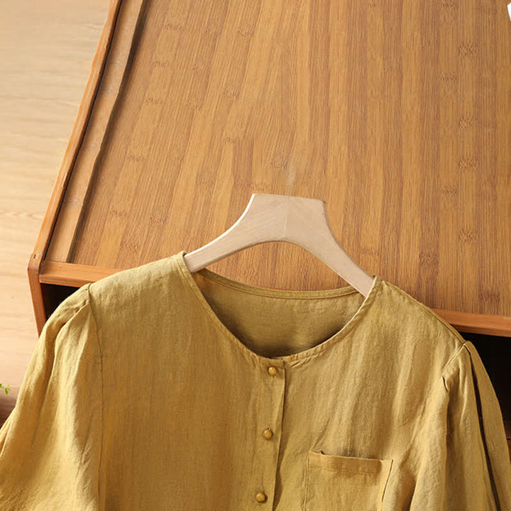 Buddha Stones Summer Casual Minimalist Button-Up Solid Women's Short Sleeve Shirts With Patch Pocket - image 9