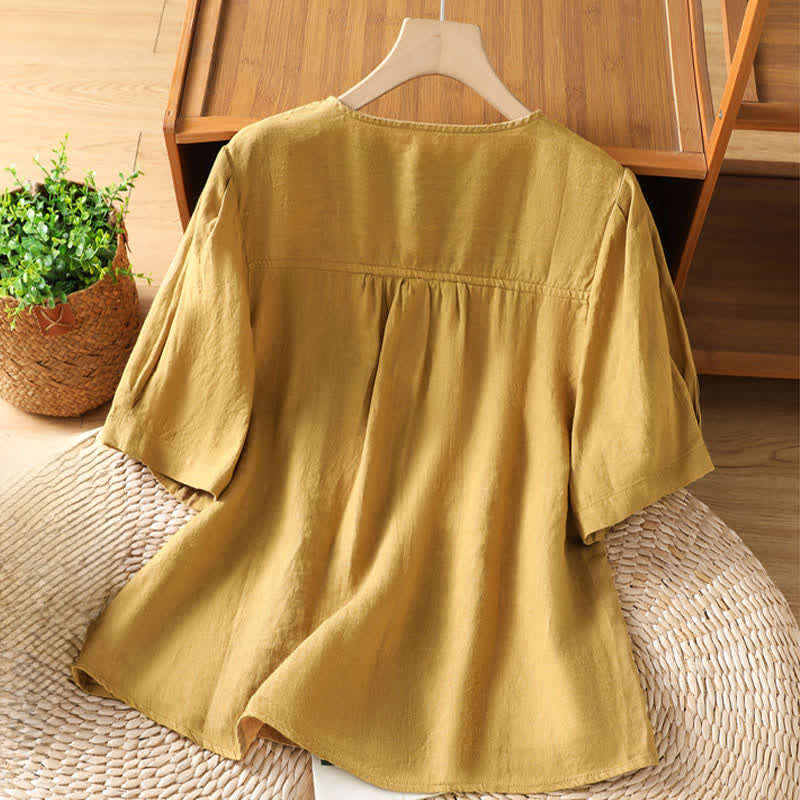 Buddha Stones Summer Casual Minimalist Button-Up Solid Women's Short Sleeve Shirts With Patch Pocket - image 8