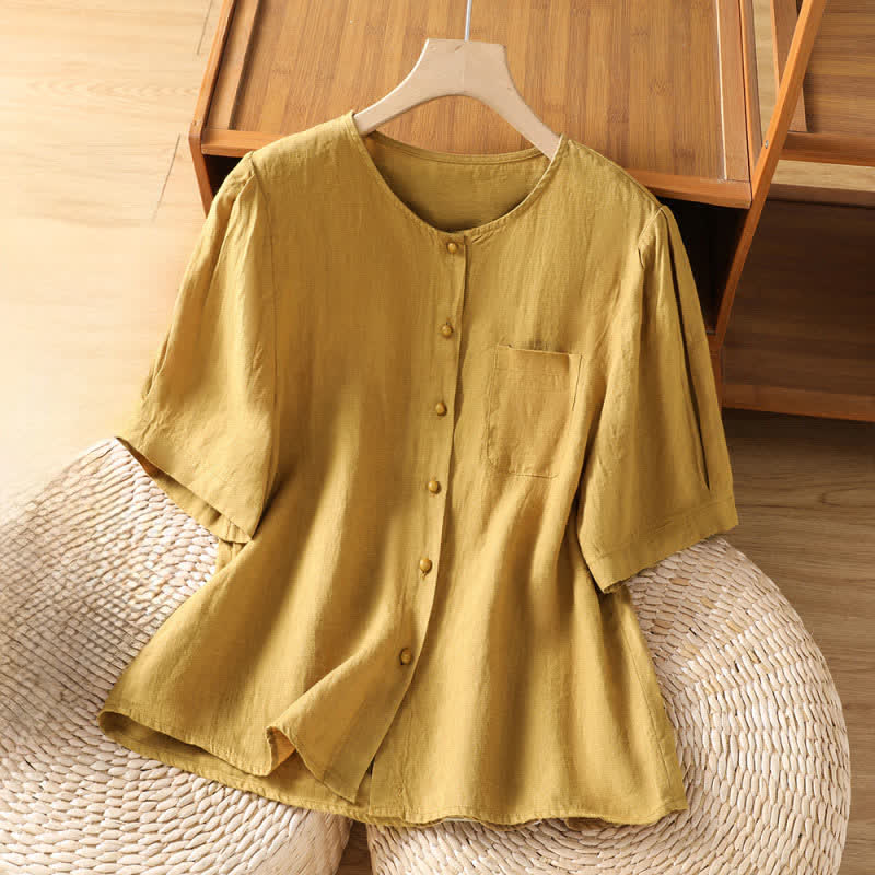 Buddha Stones Summer Casual Minimalist Button-Up Solid Women's Short Sleeve Shirts With Patch Pocket - DarkKhaki - US8-10, UK/AU12-14, EU40-42 (2XL) - image 7