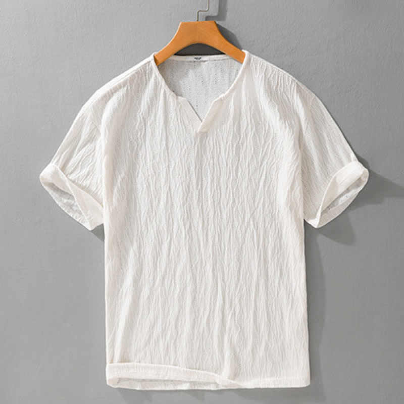 Buddha Stones Summer Casual Minimalist Solid V-Neck Men's Short Sleeve T-Shirts - Linen - US/UK/AU42, EU52 (3XL) - image 11
