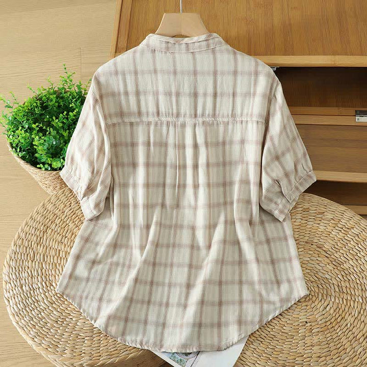 Buddha Stones Summer Casual Vintage Plaid Women's Short Sleeve Shirts With Patch Pocket - image 19