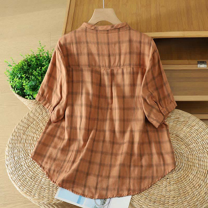 Buddha Stones Summer Casual Vintage Plaid Women's Short Sleeve Shirts With Patch Pocket - image 13