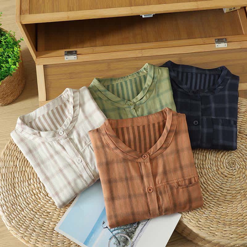 Buddha Stones Summer Casual Vintage Plaid Women's Short Sleeve Shirts With Patch Pocket - image 31