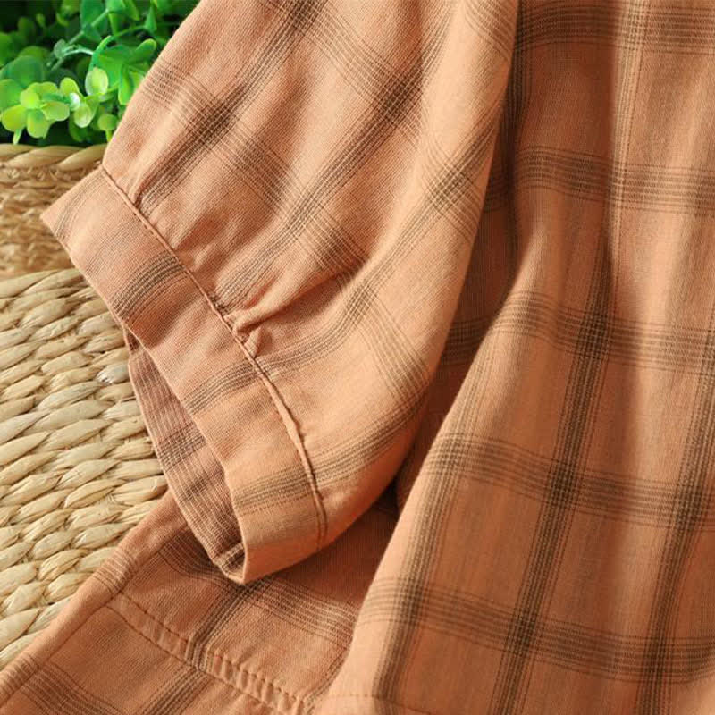 Buddha Stones Summer Casual Vintage Plaid Women's Short Sleeve Shirts With Patch Pocket - image 17