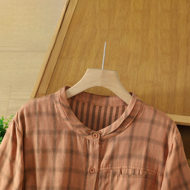 Buddha Stones Summer Casual Vintage Plaid Women's Short Sleeve Shirts With Patch Pocket - image 14