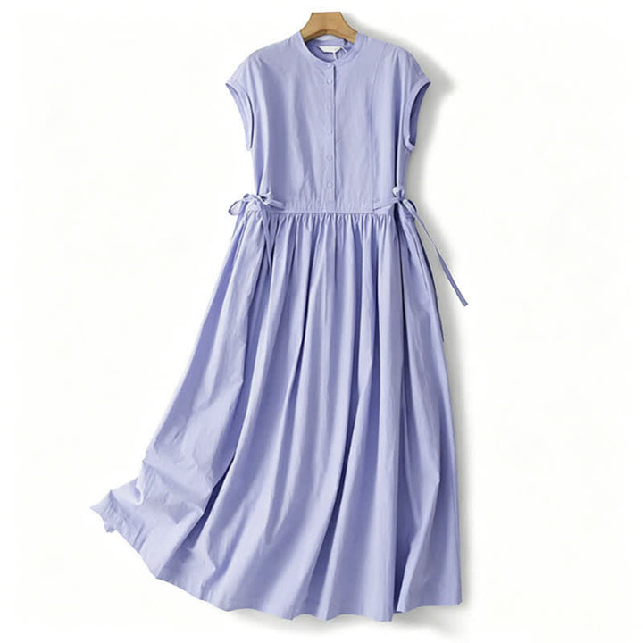 Buddha Stones Summer Casual Vintage Button-Up Solid Lace-up Women's Short Sleeve Dresses With Pocket - LightSkyBlue - US12, UK/AU16, EU44 (2XL) - image 0