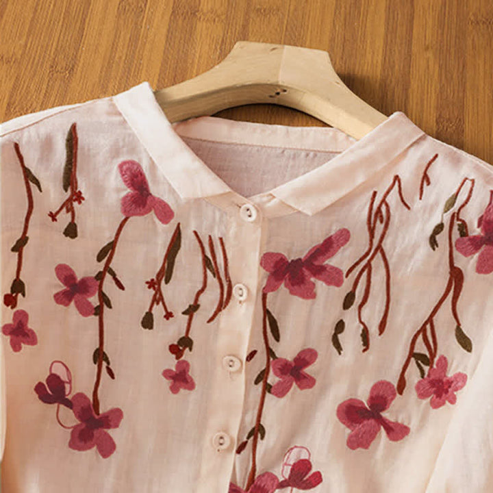 Buddha Stones Summer Vintage Embroidery Floral Women's Short Sleeve Shirts - image 3