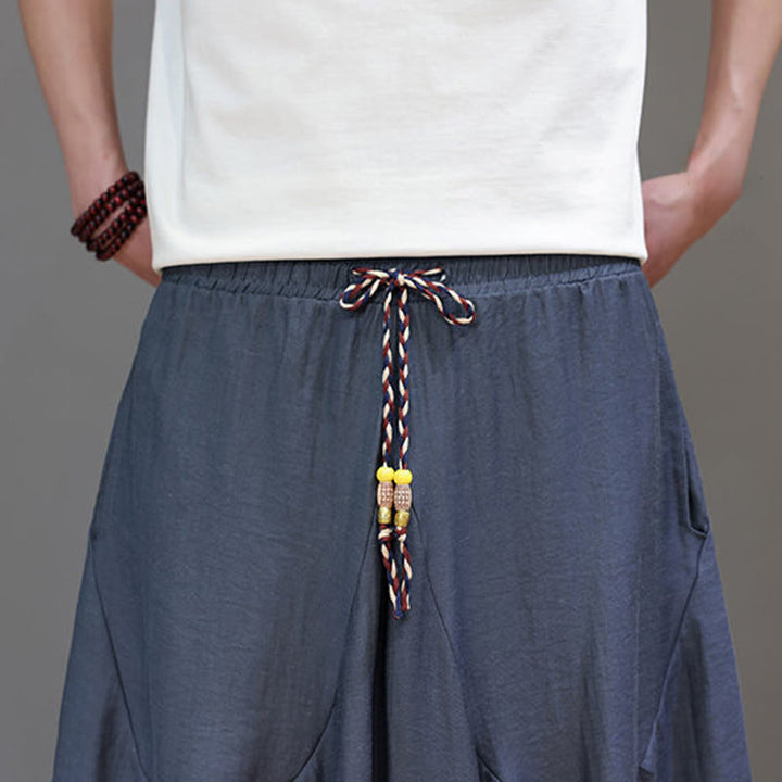 Buddha Stones Summer Casual Vintage Drawstring Solid Cotton Cropped Pants Men's Harem Pants With Pocket - image 9