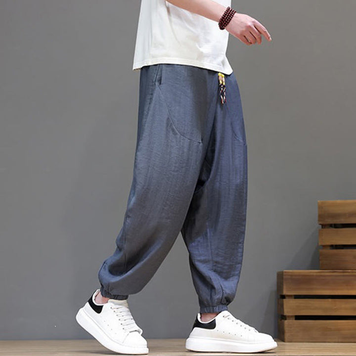 Buddha Stones Summer Casual Vintage Drawstring Solid Cotton Cropped Pants Men's Harem Pants With Pocket - image 5