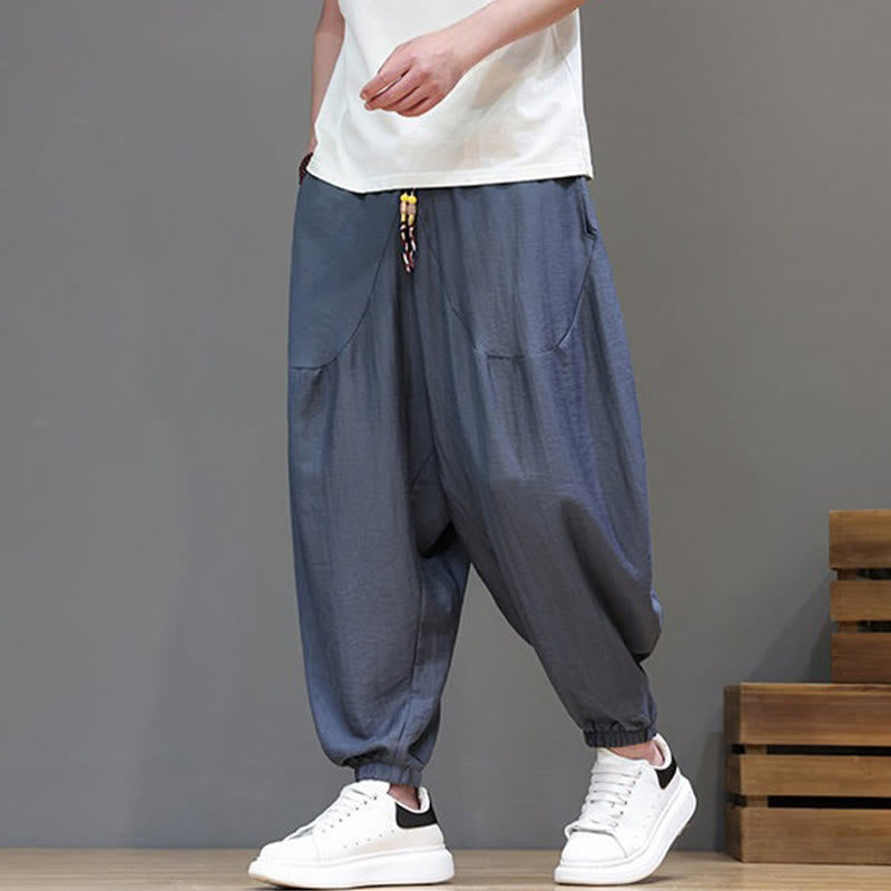 Buddha Stones Summer Casual Vintage Drawstring Solid Cotton Cropped Pants Men's Harem Pants With Pocket - image 2