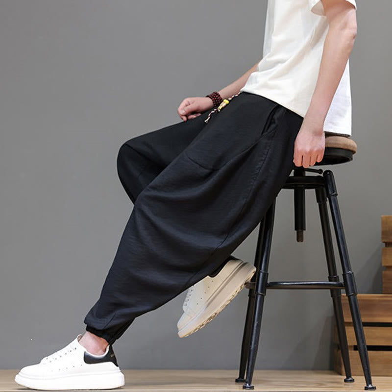Buddha Stones Summer Casual Vintage Drawstring Solid Cotton Cropped Pants Men's Harem Pants With Pocket - image 20