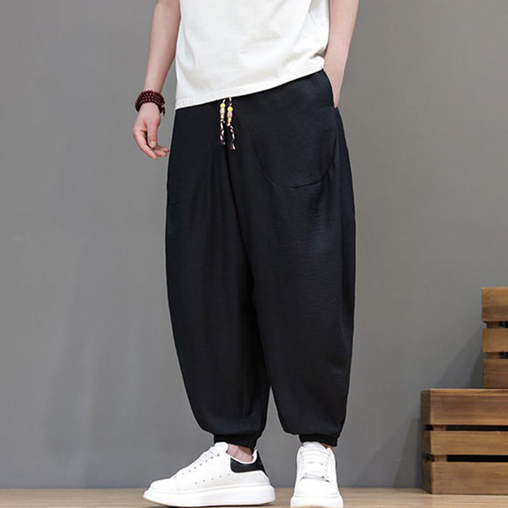 Buddha Stones Summer Casual Vintage Drawstring Solid Cotton Cropped Pants Men's Harem Pants With Pocket - image 19