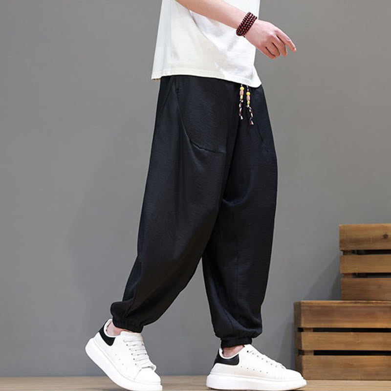 Buddha Stones Summer Casual Vintage Drawstring Solid Cotton Cropped Pants Men's Harem Pants With Pocket - image 14