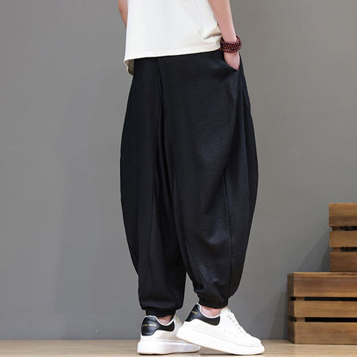 Buddha Stones Summer Casual Vintage Drawstring Solid Cotton Cropped Pants Men's Harem Pants With Pocket - image 16