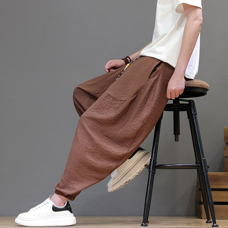 Buddha Stones Summer Casual Vintage Drawstring Solid Cotton Cropped Pants Men's Harem Pants With Pocket - image 27